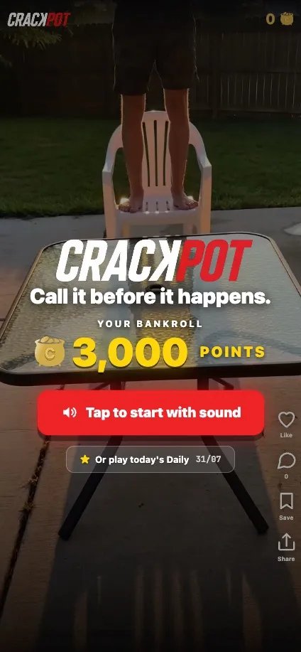 Vertical video of a person standing on a plastic chair above a glass patio table, overlaid with the CRACKPOT wordmark, t / Vertical video of a person holding a watermelon overhead while standing on a plastic chair above a glass patio table. Th (1 of 2)