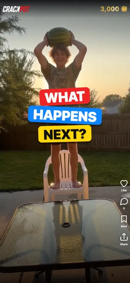 Vertical video of a person standing on a plastic chair above a glass patio table, overlaid with the CRACKPOT wordmark, t / Vertical video of a person holding a watermelon overhead while standing on a plastic chair above a glass patio table. Th (2 of 2)