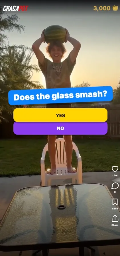 The same watermelon frame, now overlaid with a blue card reading 'Does the glass smash?' above a yellow YES button and a / Close crop of the same backyard clip, legs on a white plastic chair, overlaid with yellow text 'TAP NOW' and white text (1 of 2)