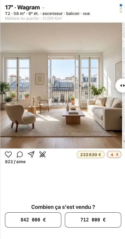 Guessimmo landing page — Tu sais guesser les prix de Paris ? / Guessimmo guess screen — a Wagram apartment with two candidate sale prices (2 of 2)