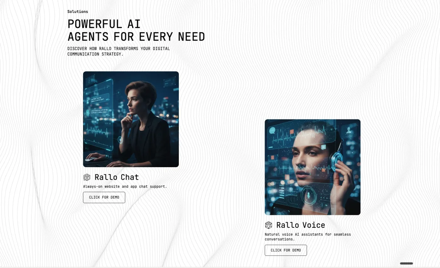 Solutions section headed POWERFUL AI AGENTS FOR EVERY NEED, with two offset cards: Rallo Chat and Rallo Voice, each with a CLICK FOR DEMO button.