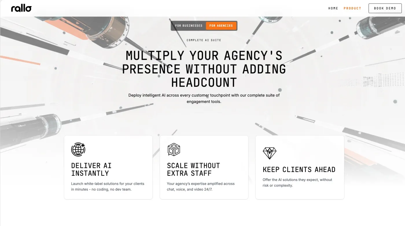Product page in FOR AGENCIES mode: headline MULTIPLY YOUR AGENCY'S PRESENCE WITHOUT ADDING HEADCOUNT above three cards.