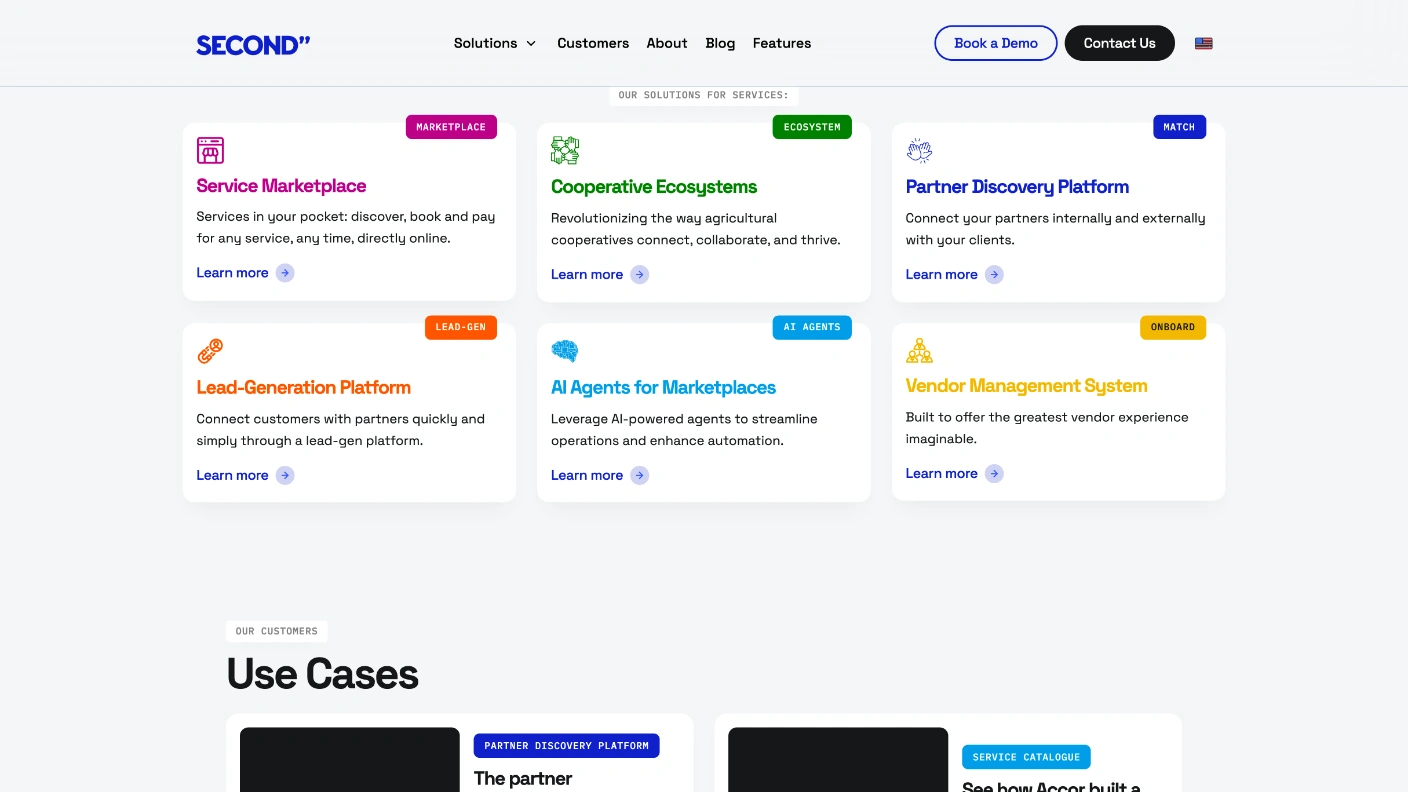 A grid of six solution cards — Service Marketplace, Cooperative Ecosystems, Partner Discovery Platform, Lead-Generation Platform, AI Agents for Marketplaces, Vendor Management System — each with a coloured heading, an icon and a tag chip. Below, a Use Cases section with Siemens Energy and Accor.