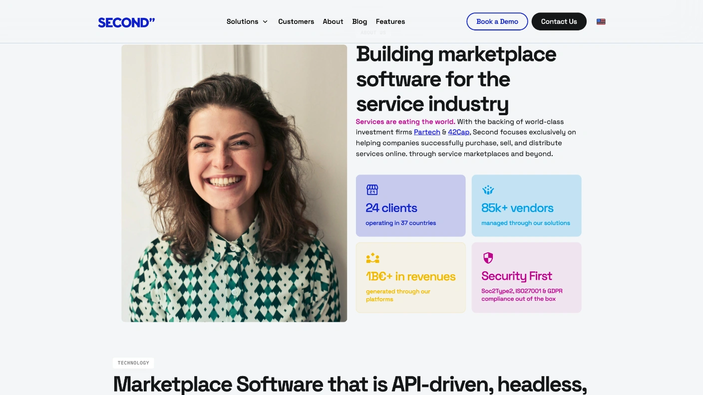 About Us band on the Second homepage: a portrait photograph beside the heading Building marketplace software for the service industry, and four tinted stat cards reading 24 clients operating in 37 countries, 85k+ vendors managed through our solutions, 1B€+ in revenues generated through our platforms, and Security First with SOC2 Type 2, ISO 27001 and GDPR.