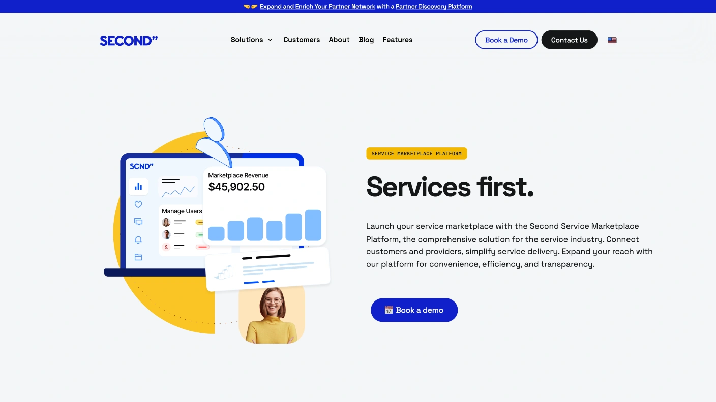 Second's Service Marketplace Platform page: a yellow SERVICE MARKETPLACE PLATFORM chip, the headline Services first, a paragraph of product description and a Book a demo button, beside an illustrated dashboard showing marketplace revenue of 45,902.50 dollars and a Manage Users panel. A greyscale logo row runs beneath.