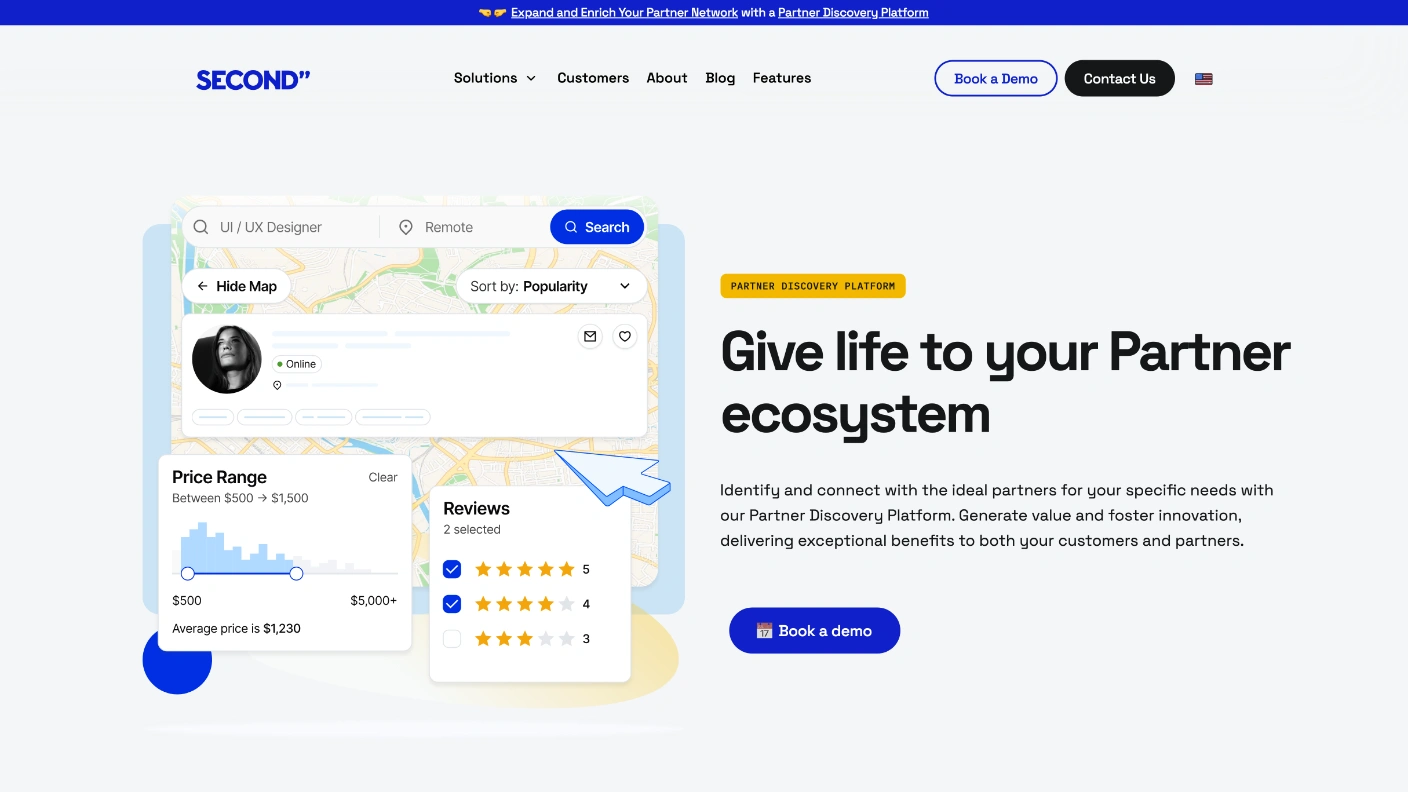 Second's Partner Discovery Platform page, the other destination from the homepage's two buttons, carrying its own colour, headline and product illustration in the same layout as the Service Marketplace page.