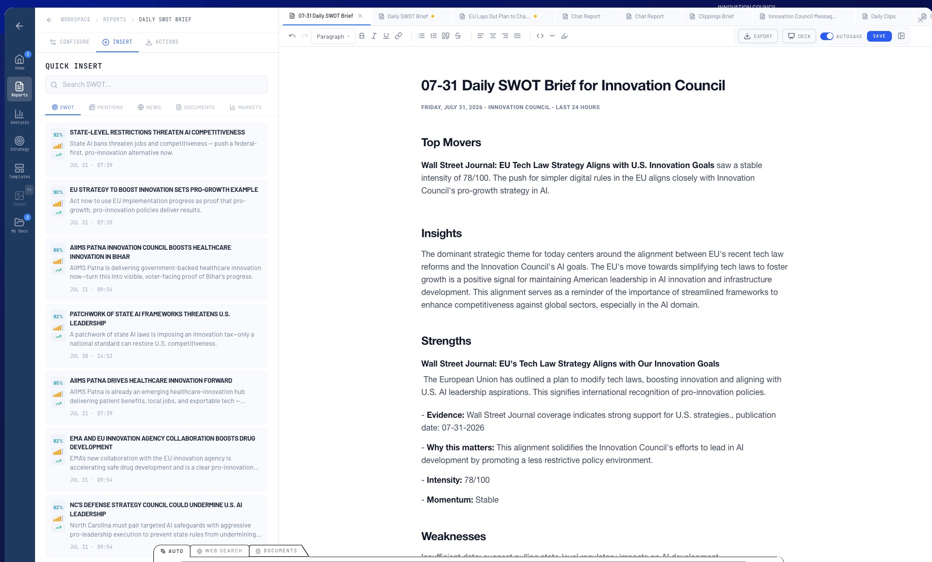 War Room AI Workspace — brief editor with export to Google Docs, DOCX, PDF and email