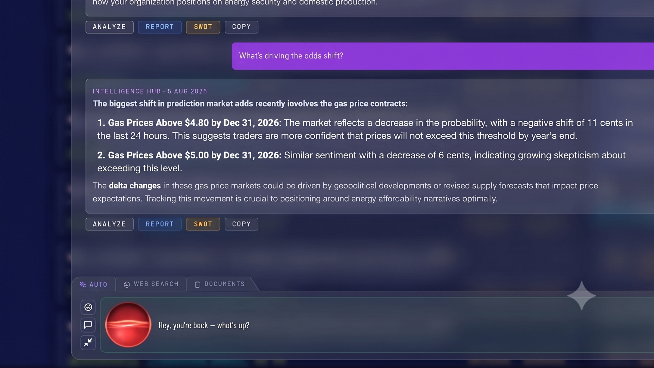 War Room Talk & Chat — voice orb with a grounded conversation thread: SWOT intelligence, prediction-market shifts