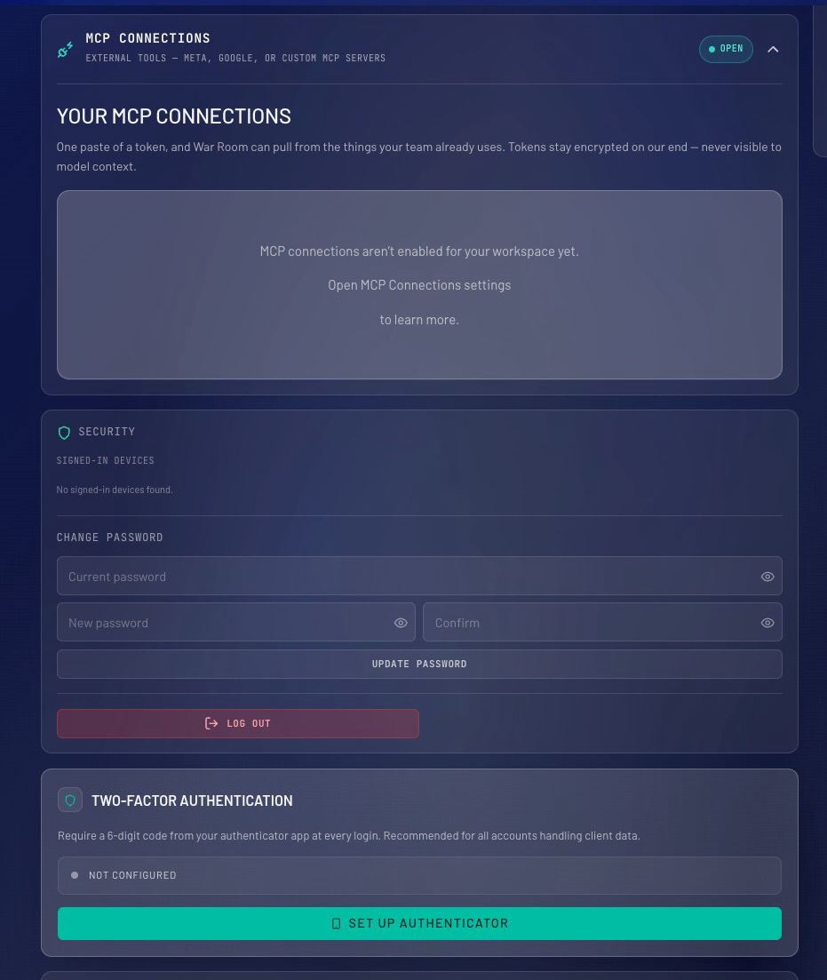 War Room control plane — MCP connections, encrypted tokens, two-factor authentication