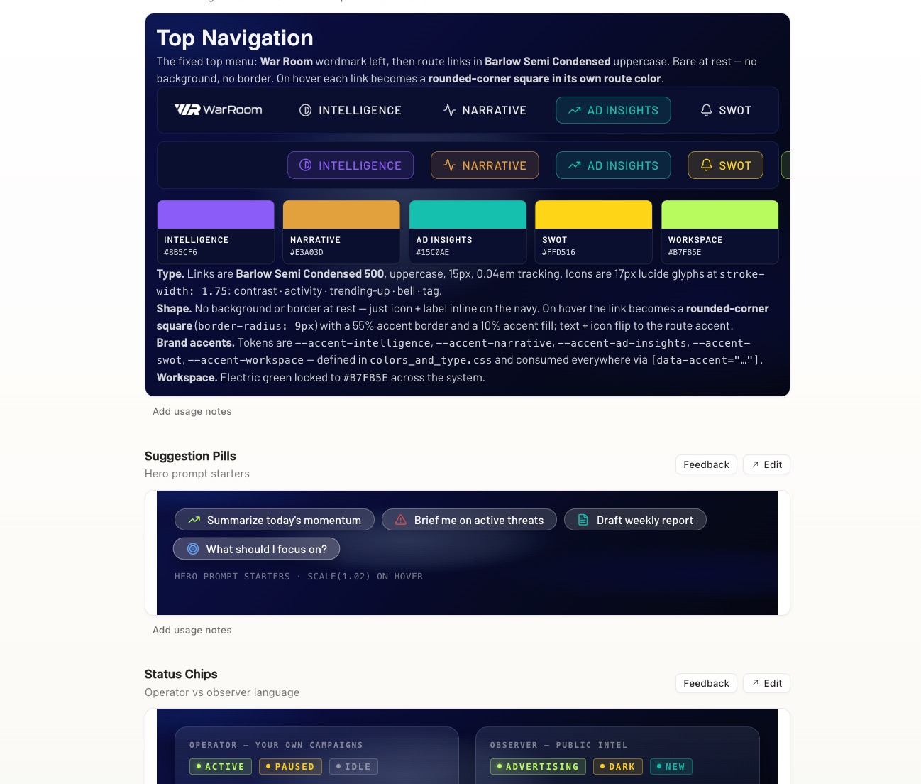 War Room AI design system — chat input states and top navigation specs
