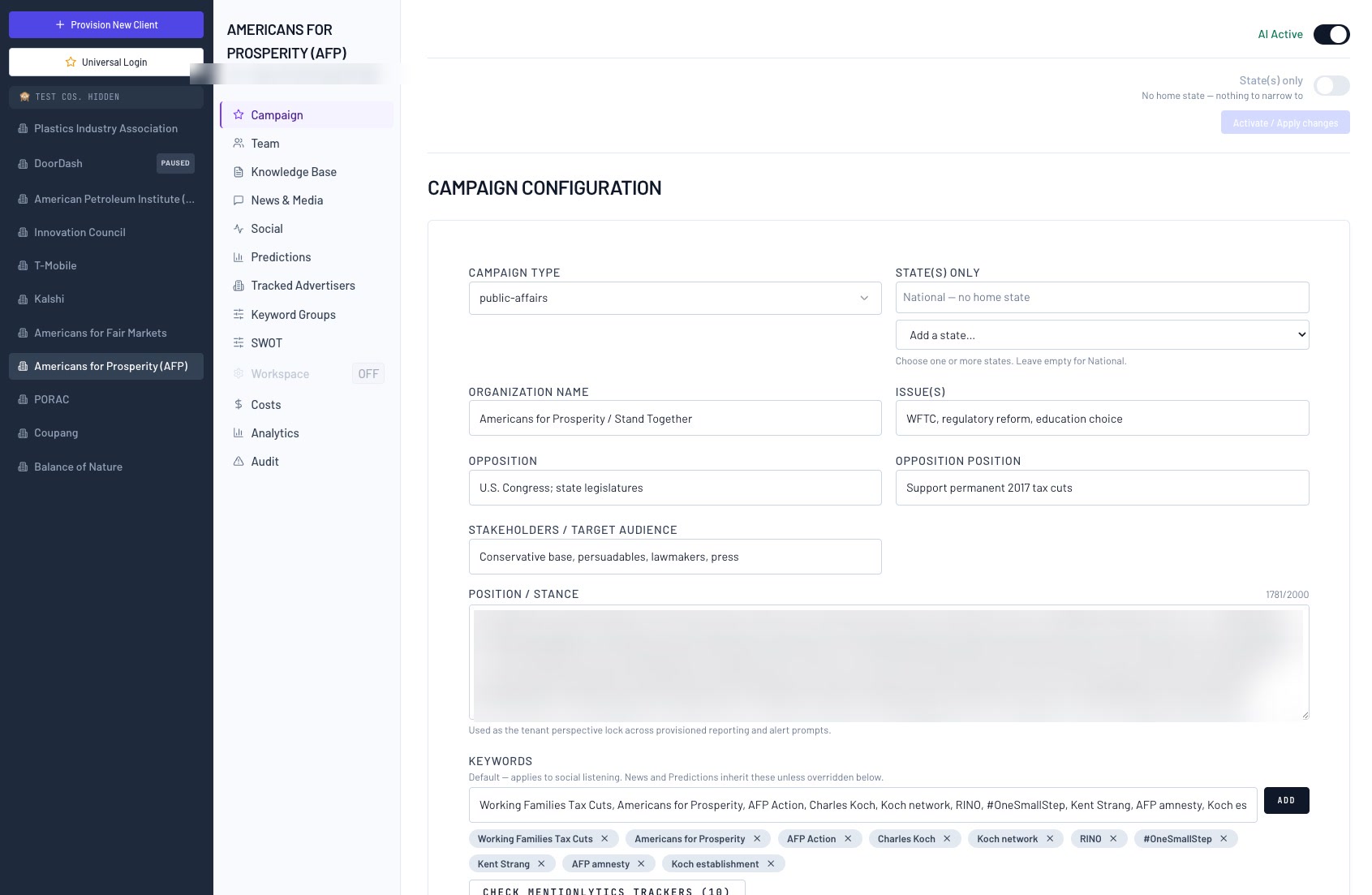 War Room admin — campaign configuration with perspective lock, keyword groups and trackers