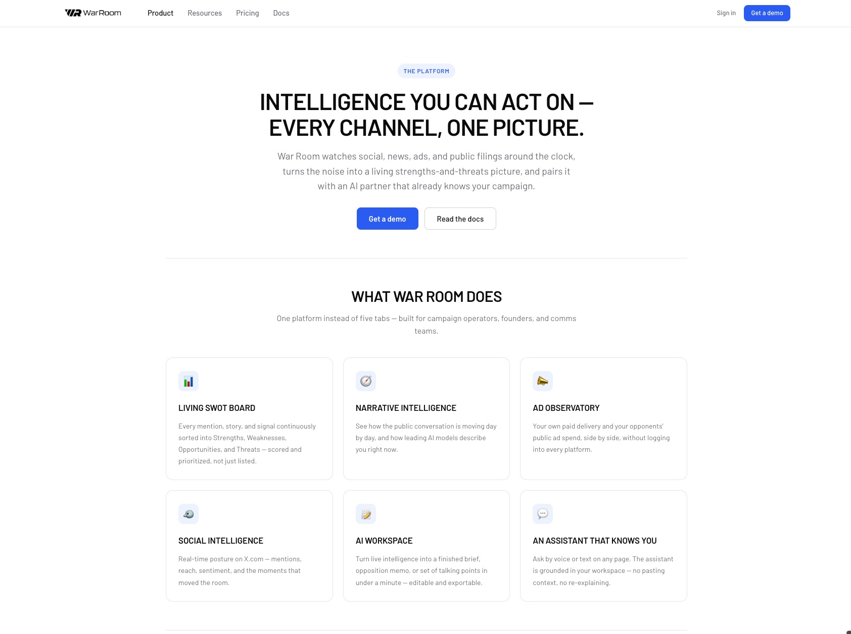 War Room public product page — positioning and marketing copy by the same operator