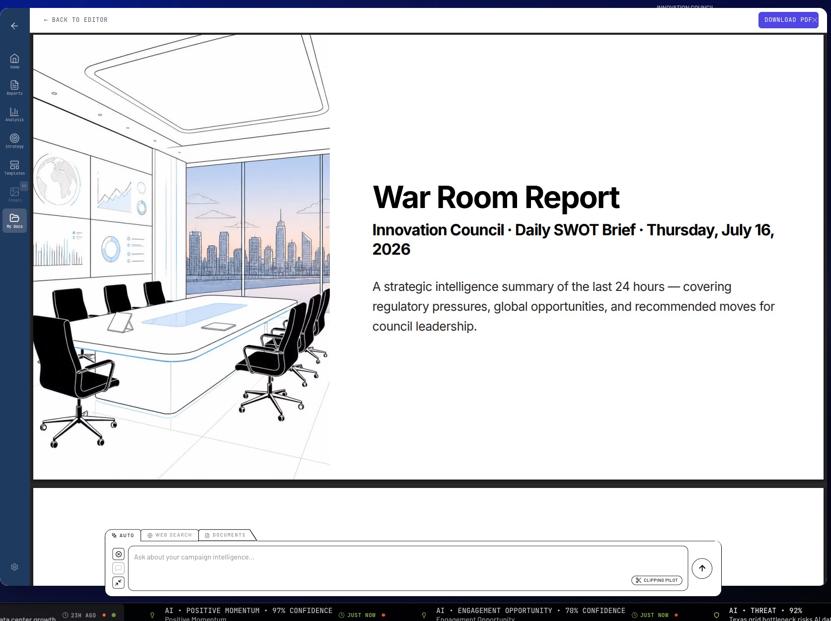 War Room Presentations — generated branded deck built from clipped intelligence