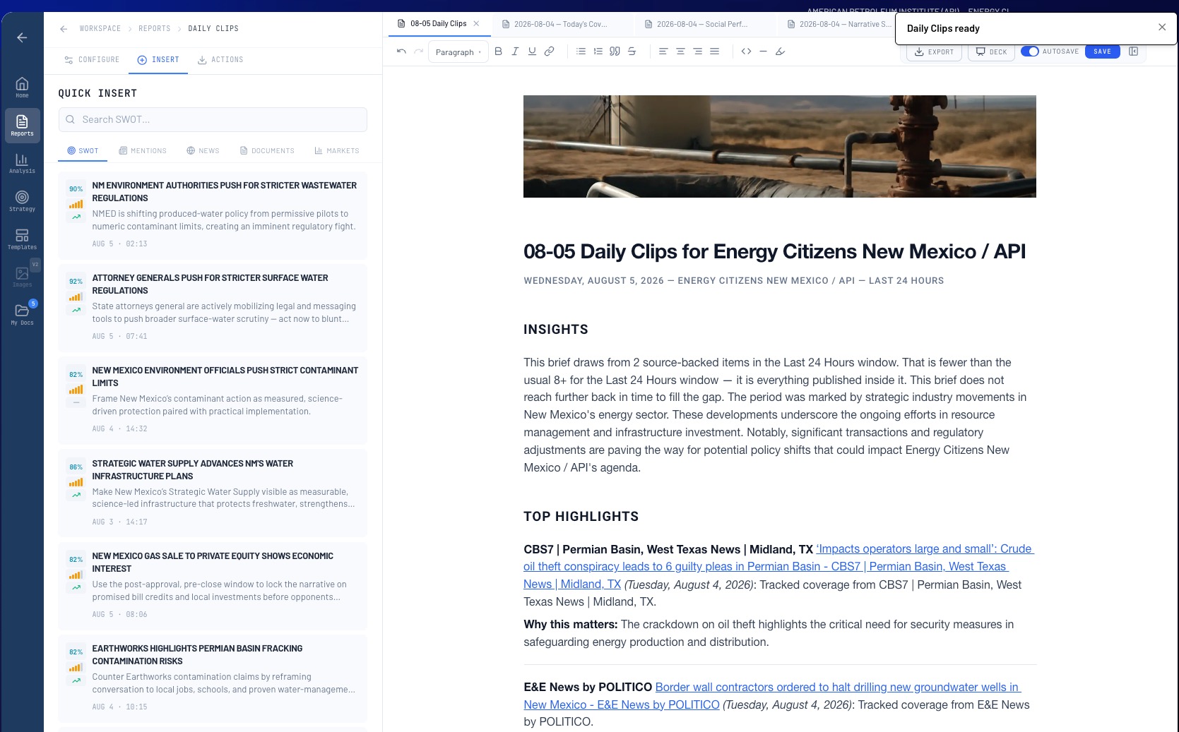 War Room Daily Clips — scored quick-insert rail beside the day's sourced, ranked link digest